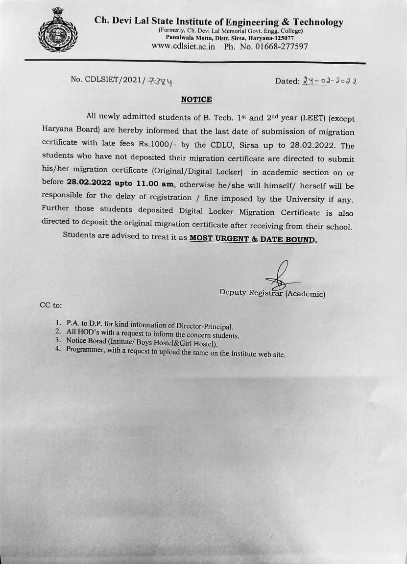 Notice Regarding Newly Students Of B Tech 1st And 2nd Year LEET 