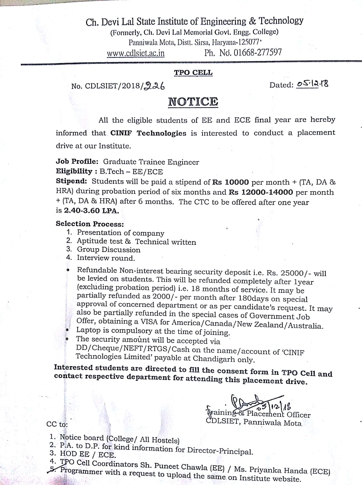 Notice Regarding EE and ECE final year Placement Drive. | Ch. Devi Lal ...