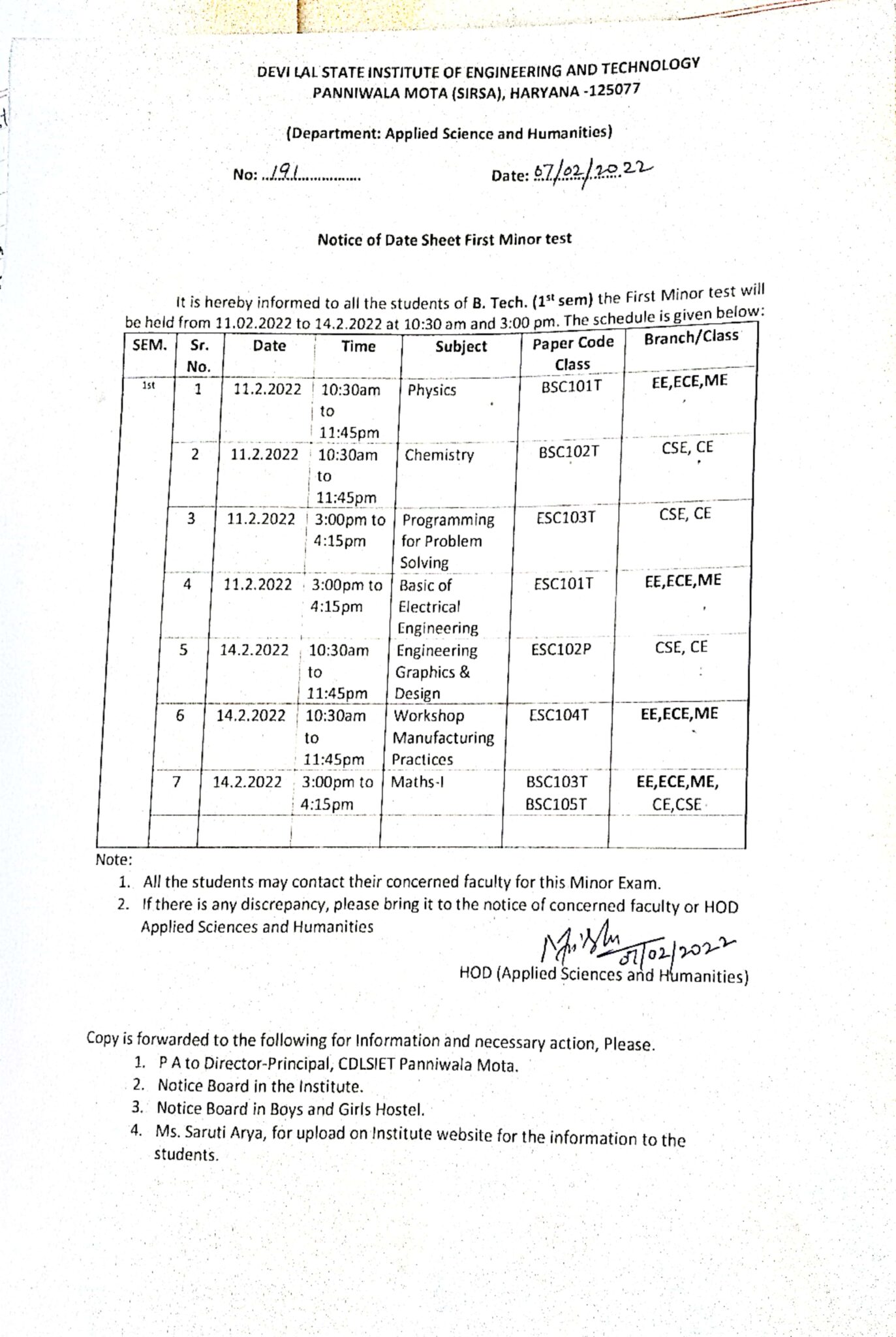 Notice regarding Date sheet of Minor Test of 1st Sem. | Ch. Devi Lal ...